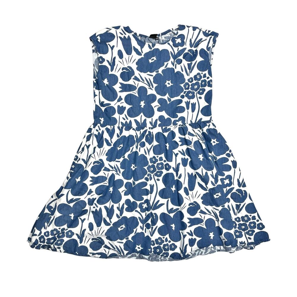 MARIMEKKO x UNIQLO Girls 100% Cotton Chambray Blue/White Floral Dress Size 11-12